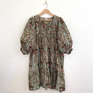 Karni Indian Cotton Floral Boho Tiered Mini Dress Balloon Sleeves Block Print